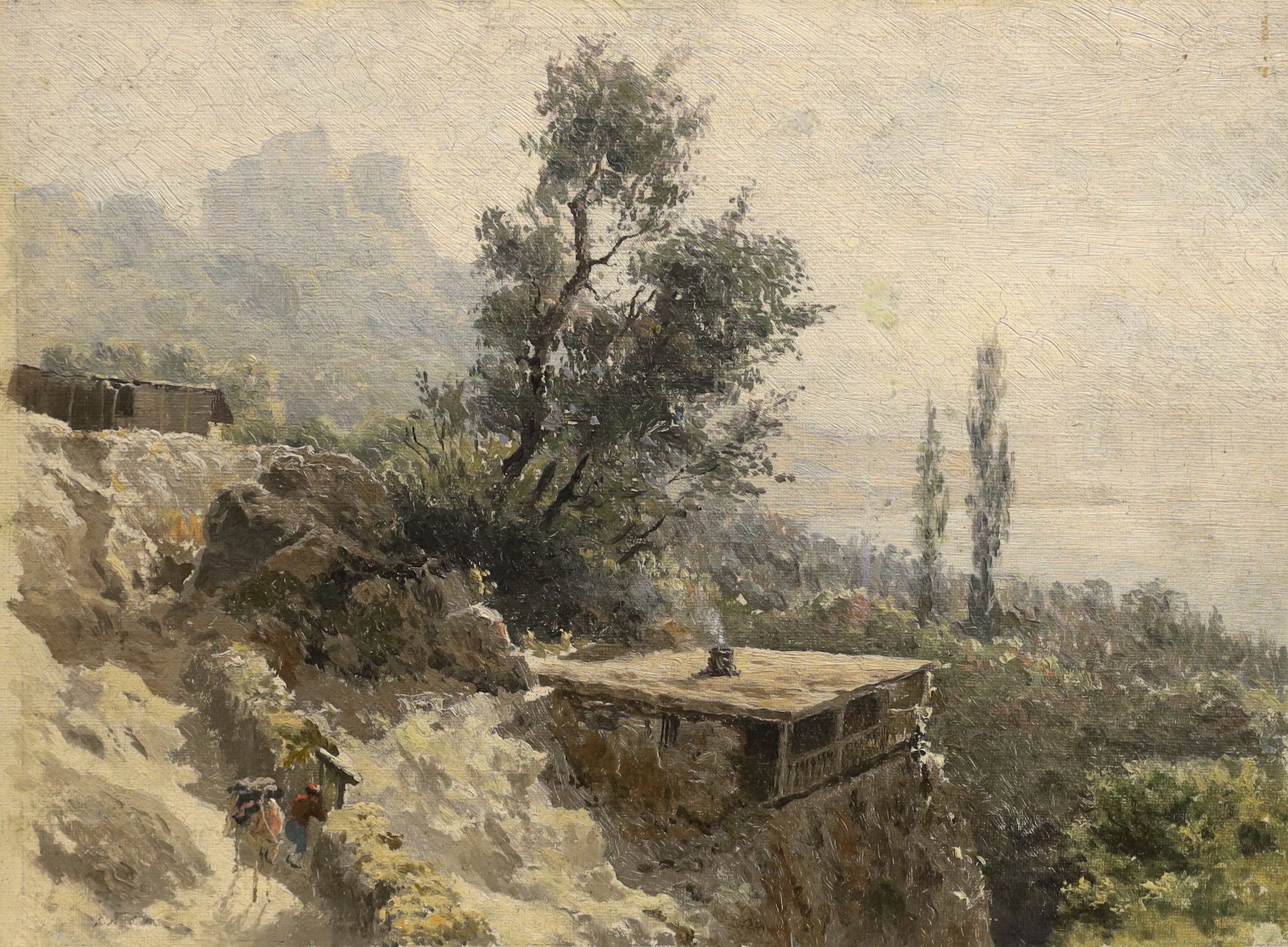 Russian school, oil on canvas laid on board, Mountainous scene inscribed in Cyrillic verso with initials V.P and titled 